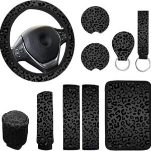 10 Pieces Leopard Print Car Steering Wheel Cover Center Console Armrest Pad Headrest