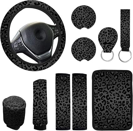 10 Pieces Leopard Print Car Steering Wheel Cover Center Console Armrest Pad Headrest